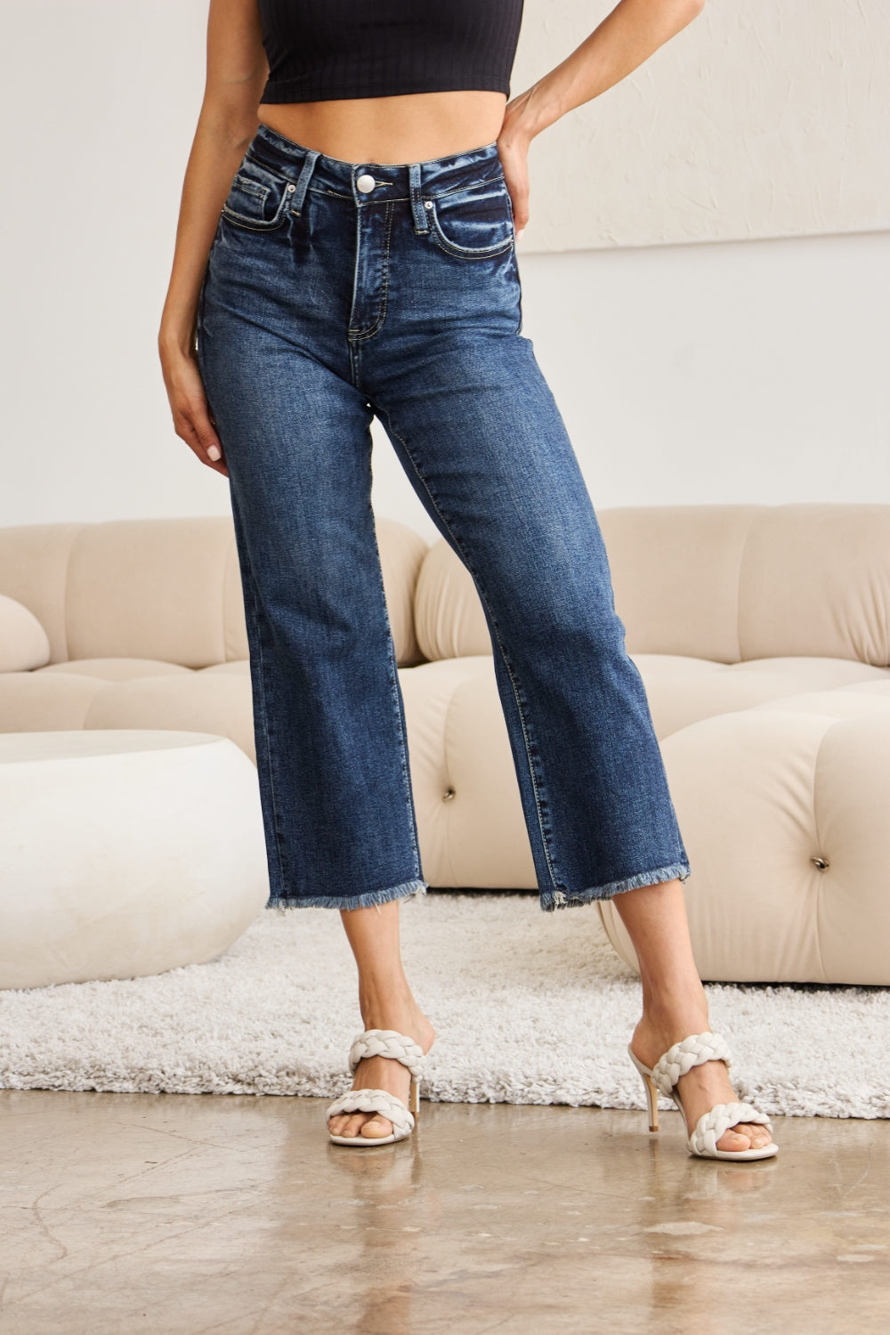 Tummy Control High Waist Raw Hem Jeans