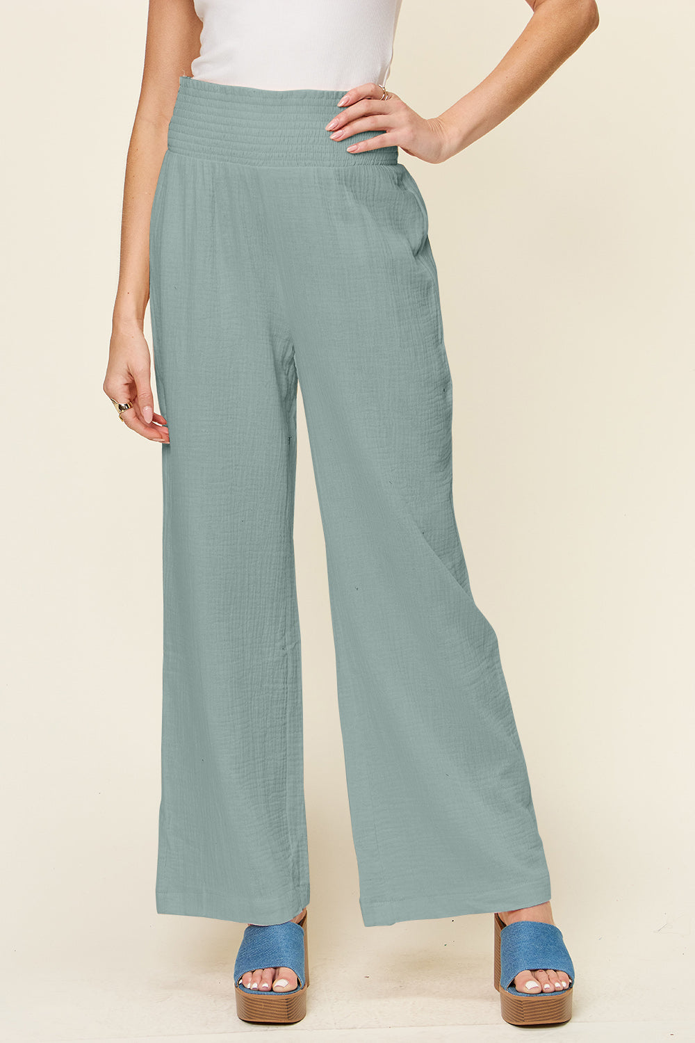 Texture Smocked Waist Wide Leg Pants