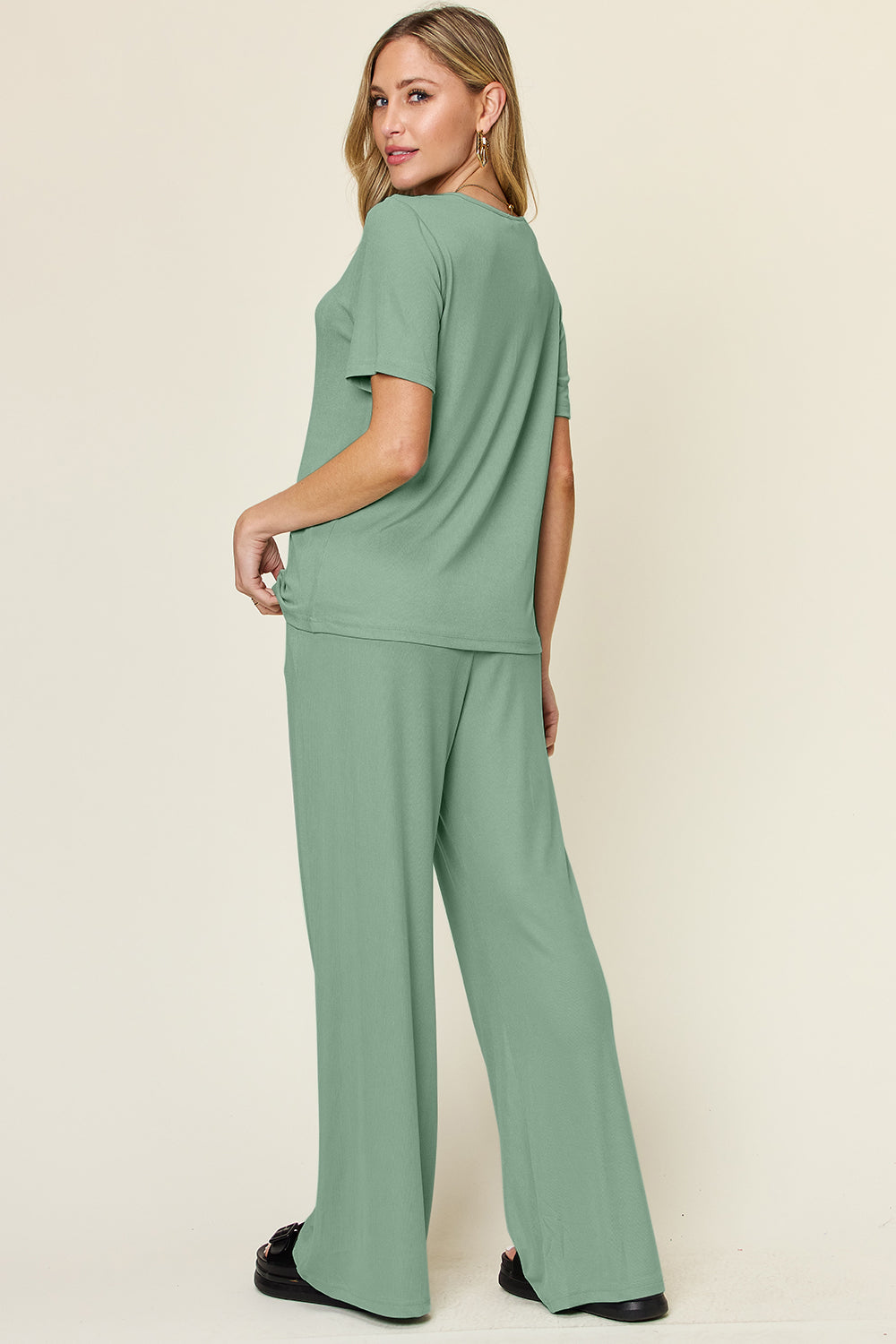 Round Neck Short Sleeve T-Shirt and Wide Leg Pants Set