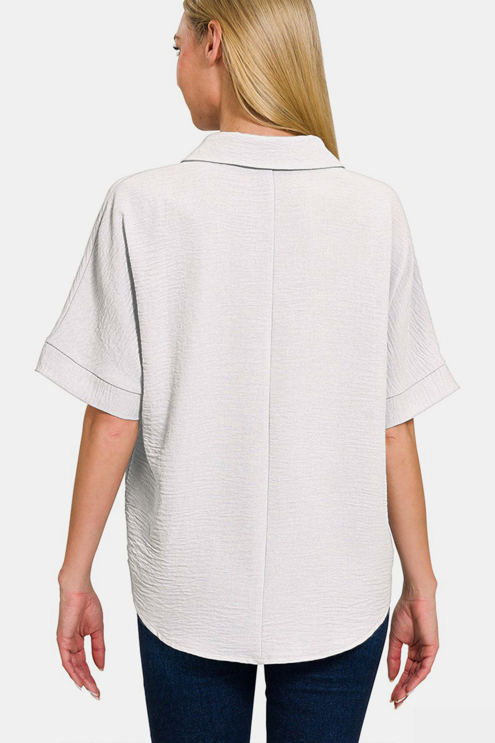 Textured Collared Neck Short Sleeve Top in White