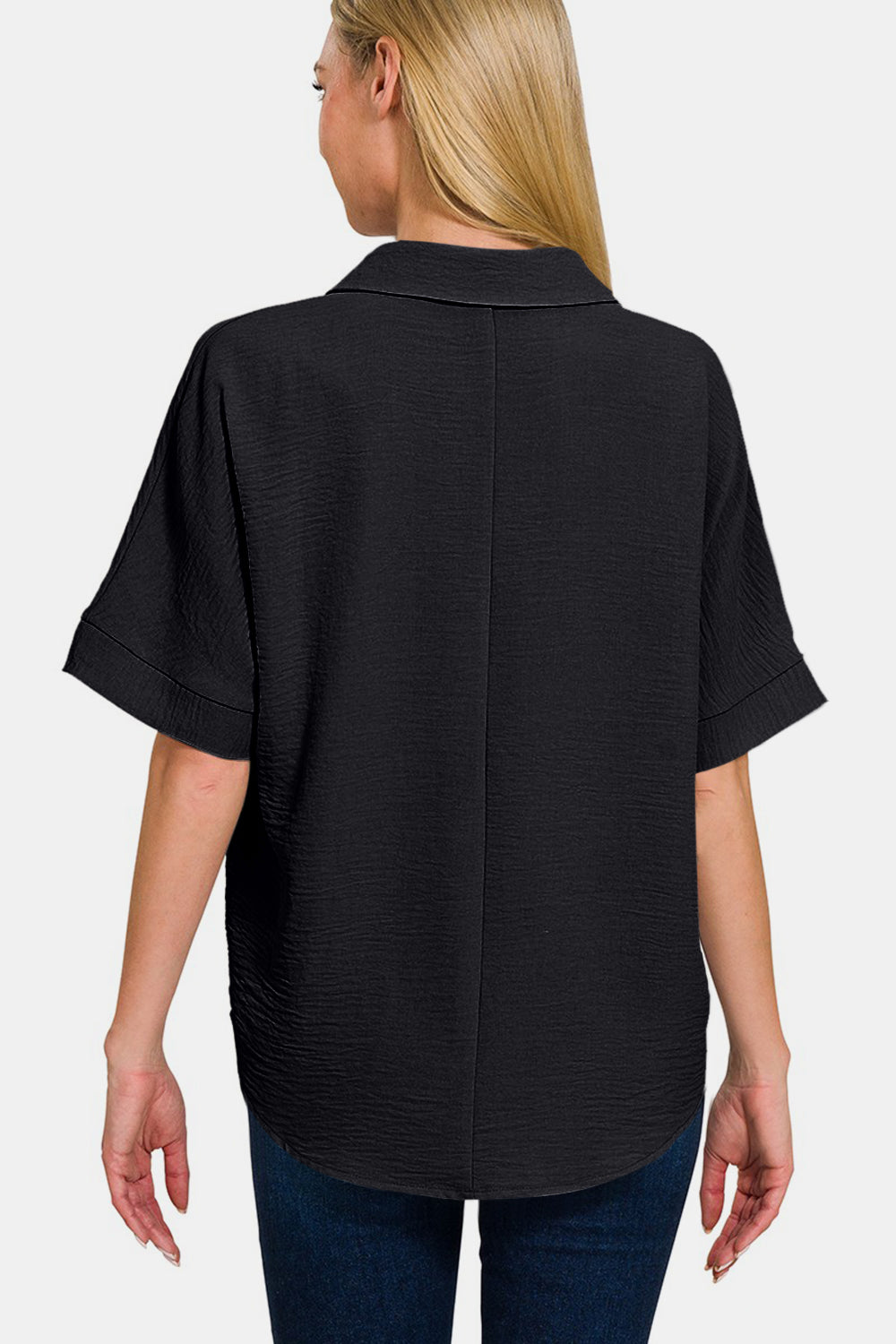 Textured Collared Neck Short Sleeve Top in Black