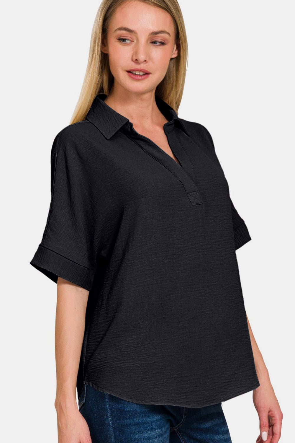 Textured Collared Neck Short Sleeve Top in Black