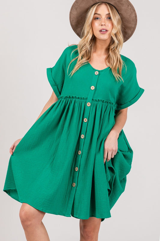 Button Up Short Sleeve Dress in Green