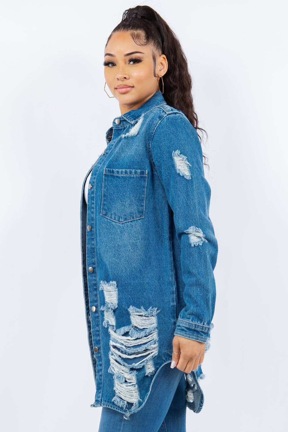 Distressed Button Up Long Sleeve Denim Jacket