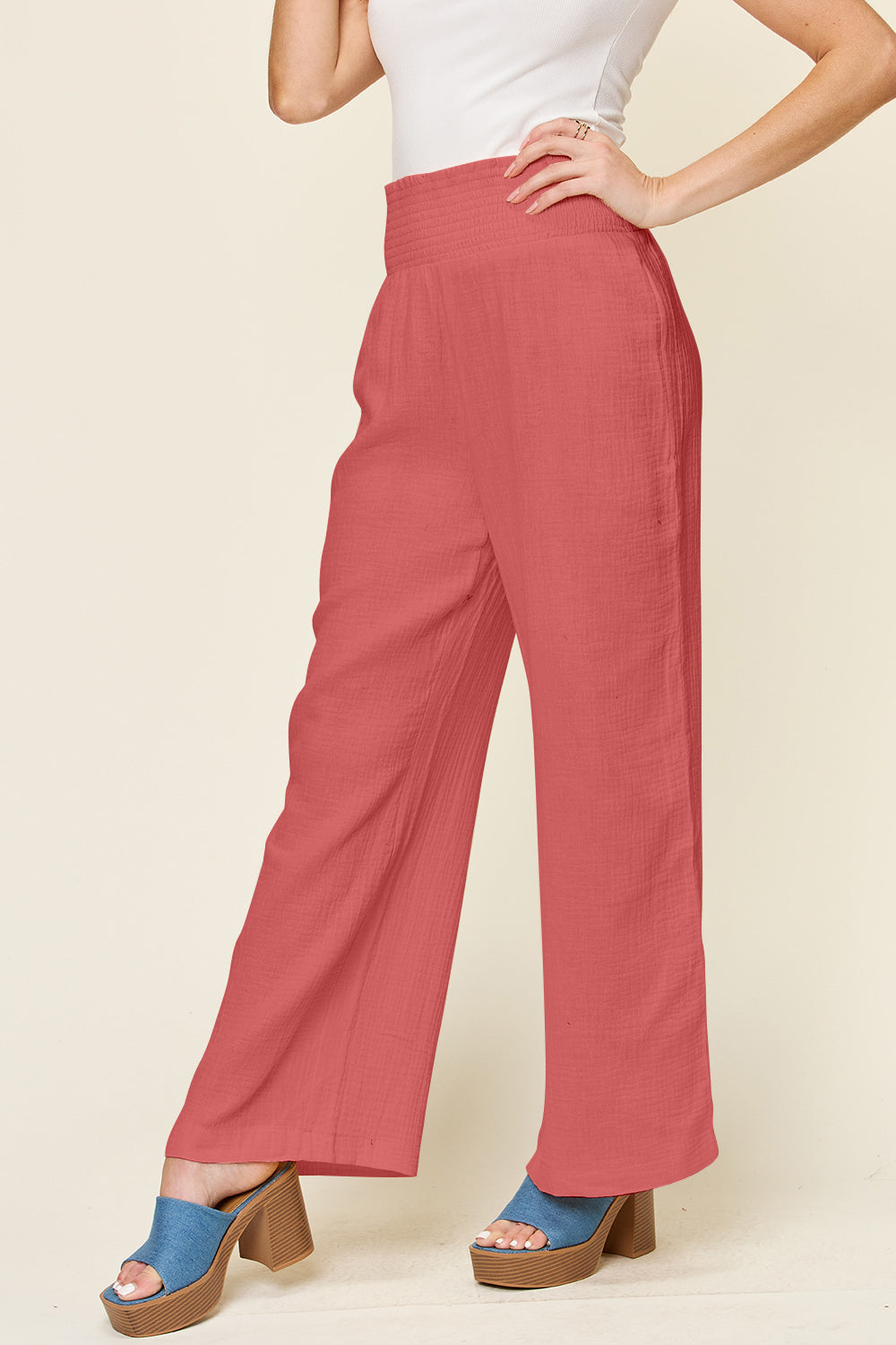 Texture Smocked Waist Wide Leg Pants