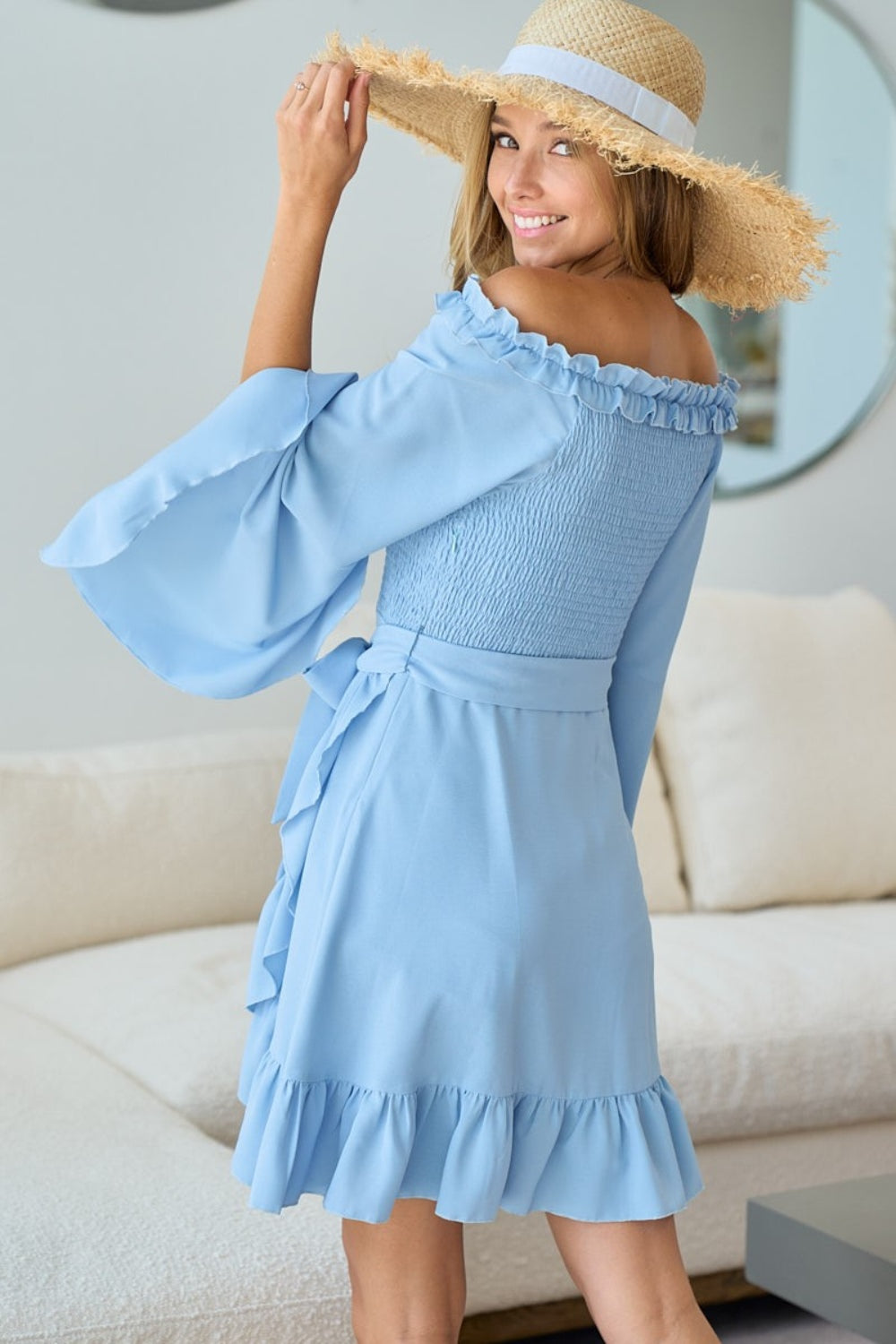 Smocked Ruffled Front Tie Dress