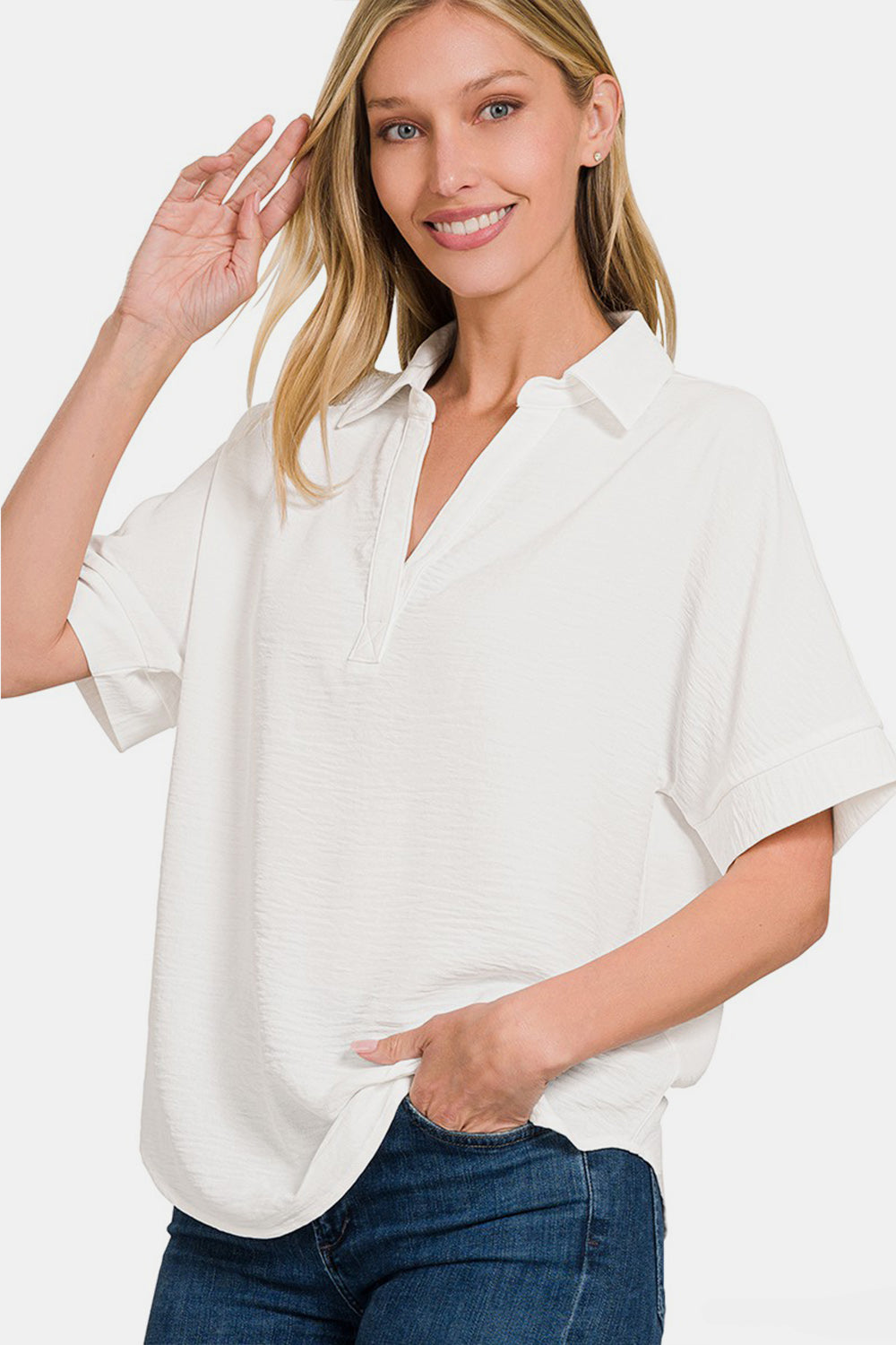 Textured Collared Neck Short Sleeve Top in White