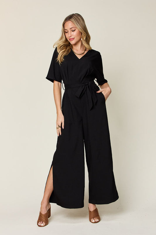 V-Neck Tied Side Slit Jumpsuit