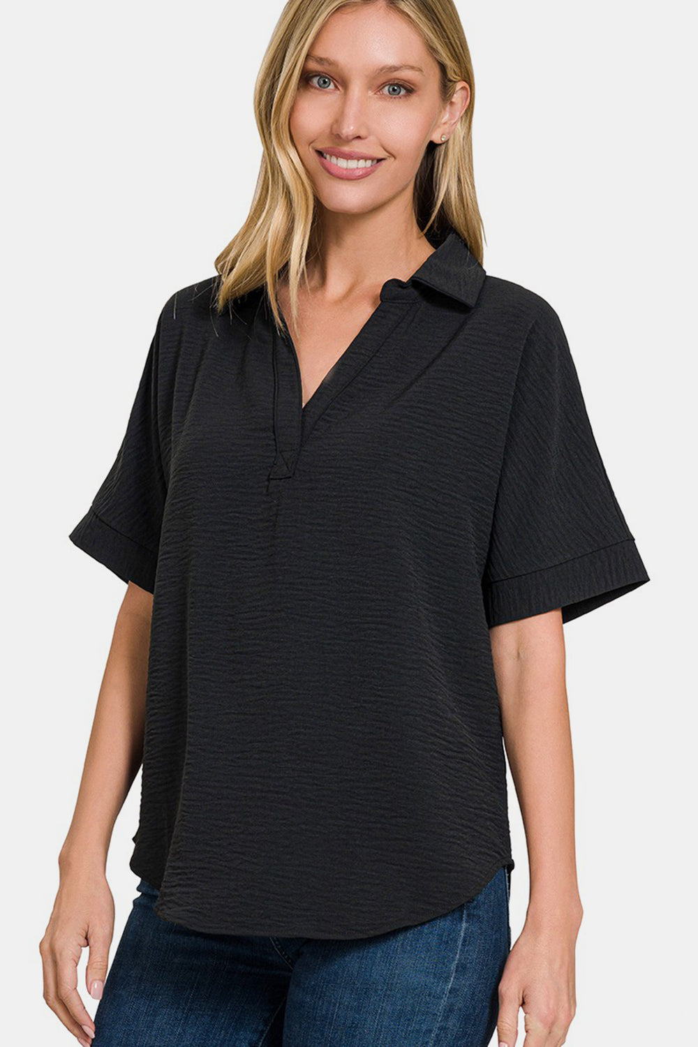 Textured Collared Neck Short Sleeve Top in Black