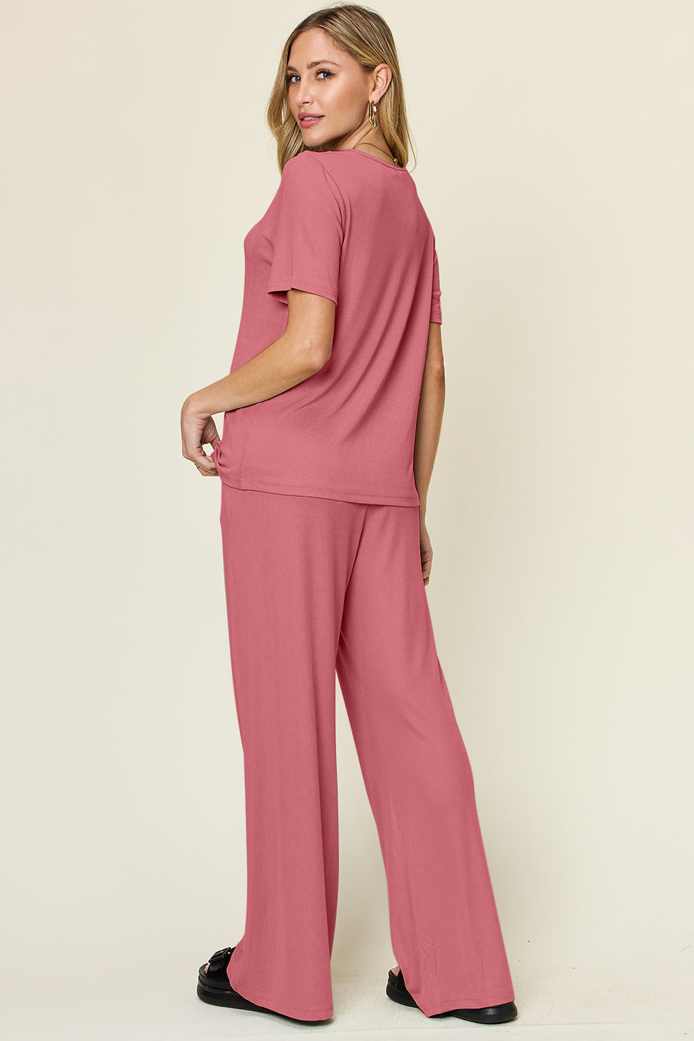 Round Neck Short Sleeve T-Shirt and Wide Leg Pants Set