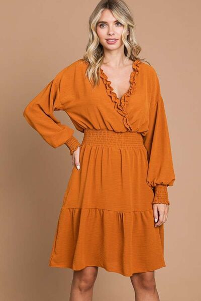 Frill Smocked Lantern Sleeve Dress