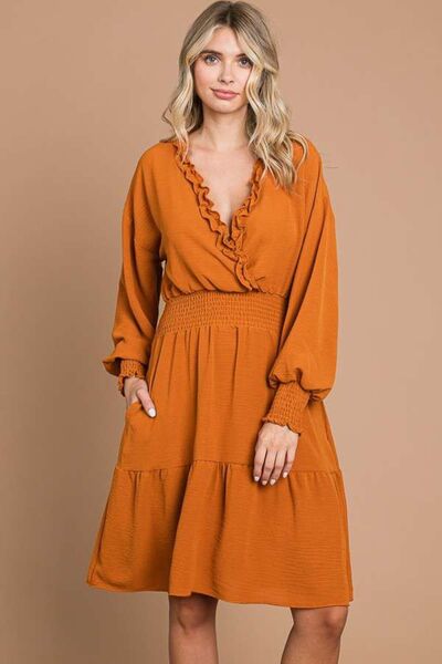 Frill Smocked Lantern Sleeve Dress