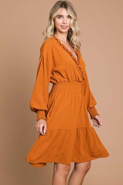 Frill Smocked Lantern Sleeve Dress