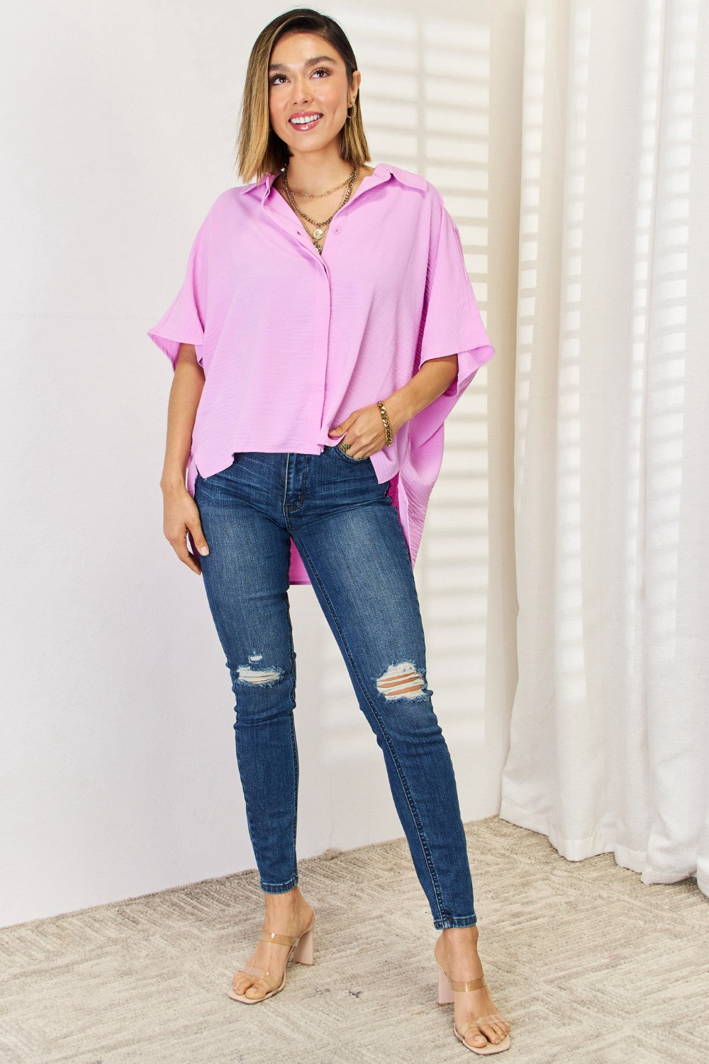 Textured Button Up Short Sleeve High-Low Shirt