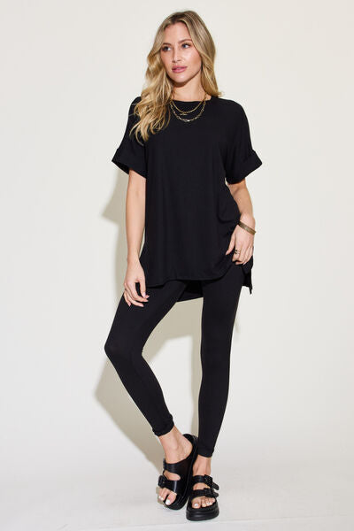 Short Sleeve Slit T-Shirt and Leggings Lounge Set